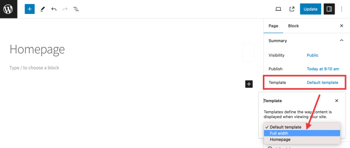 To switch to the Full Width template, click on the currently selected Template option in the sidebar settings, and select Full Width instead.