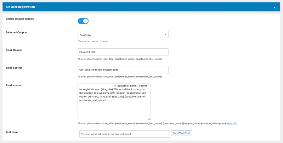WooCommerce coupon email plugin – User Registration trigger settings with coupon selection and email content editor