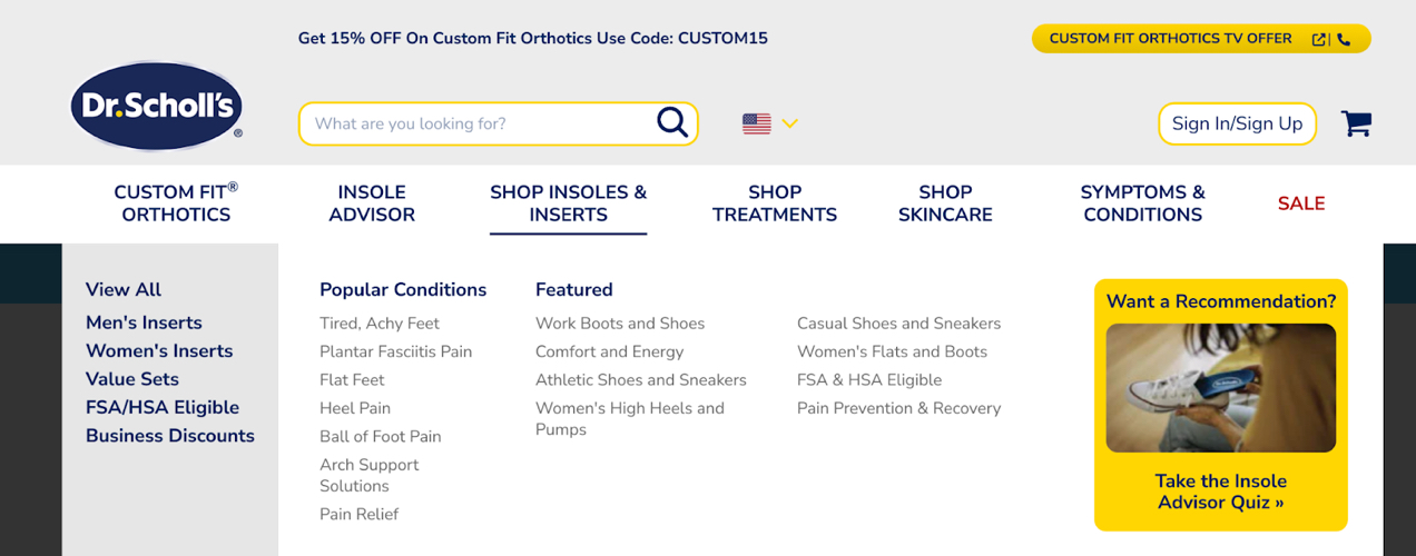 Dr. Scholl's website with a detailed mega menu