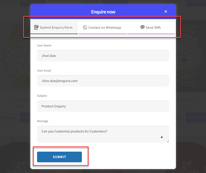 customize product enquiry form