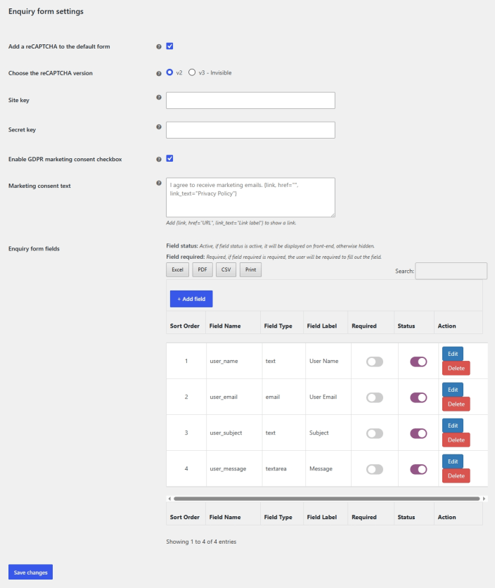 Enquiry Form Settings