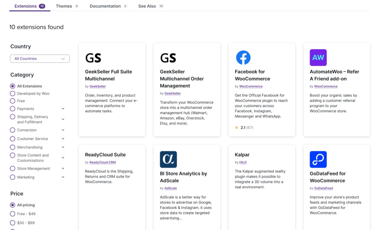 grid of extensions in the WooCommercee marketplace