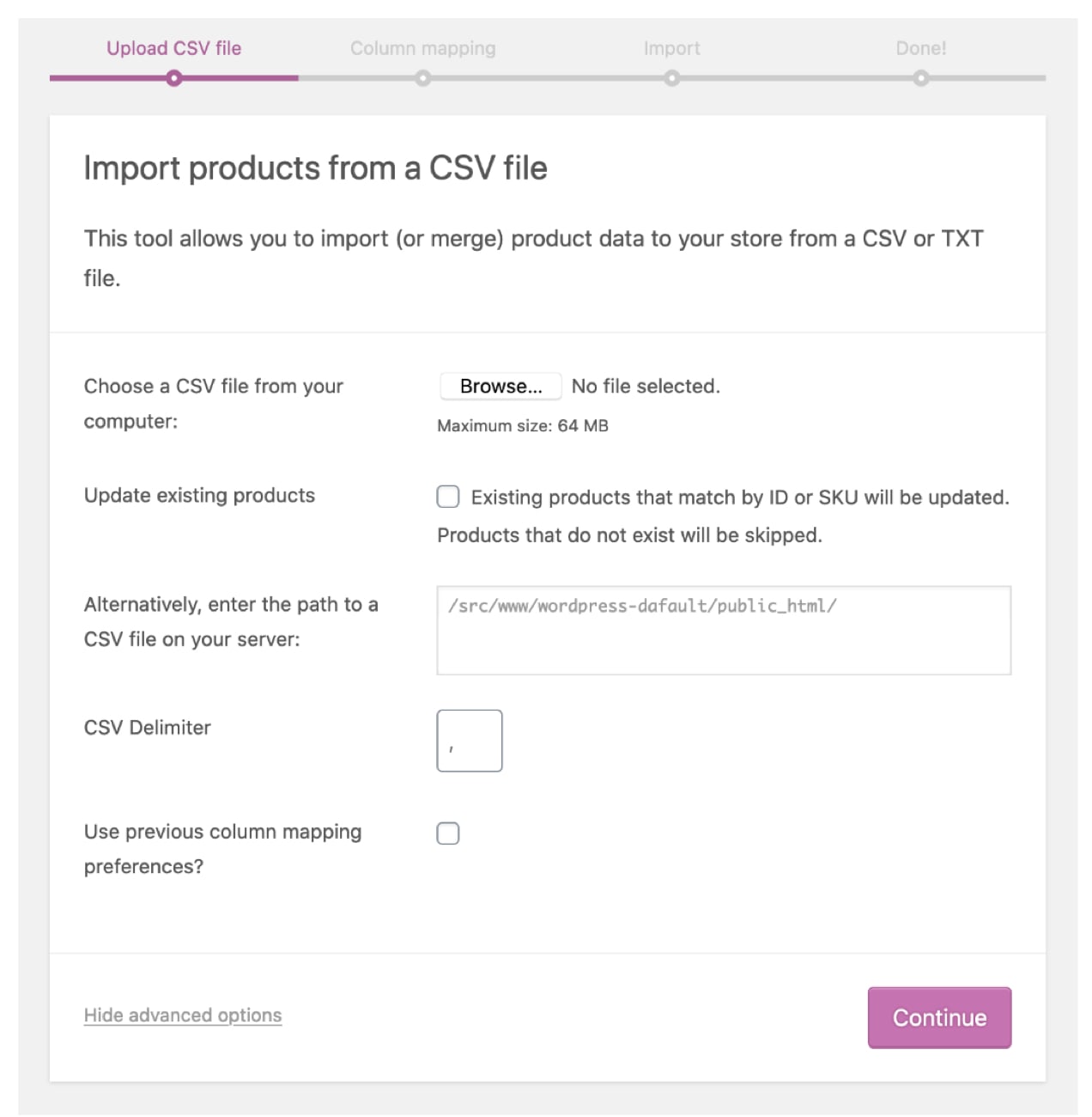 import options from a CSV