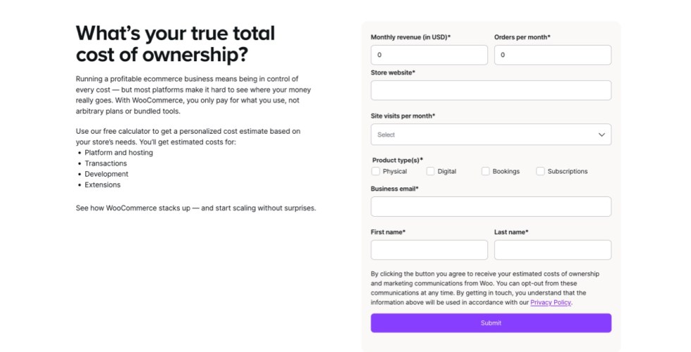 TCO calculator with fields for business information