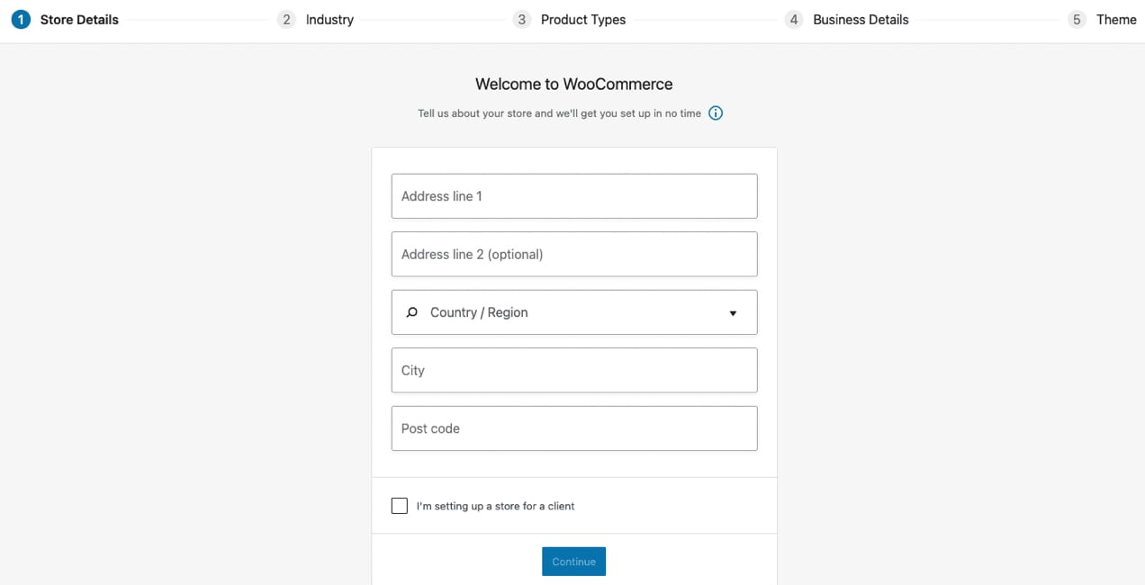 WooCommerce startup wizard