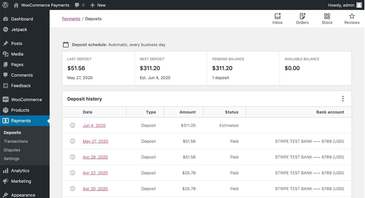 list of deposits in the WordPress dashboard