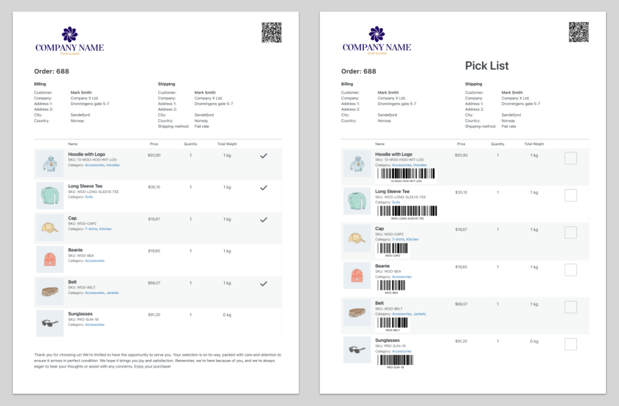 Pick List for WooCommerce - print pick and packing slips