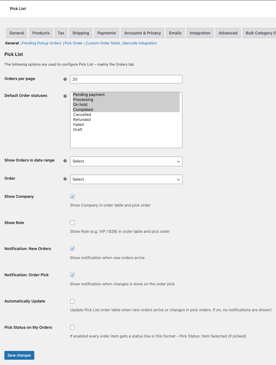 Pick List for WooCommerce - settings - general