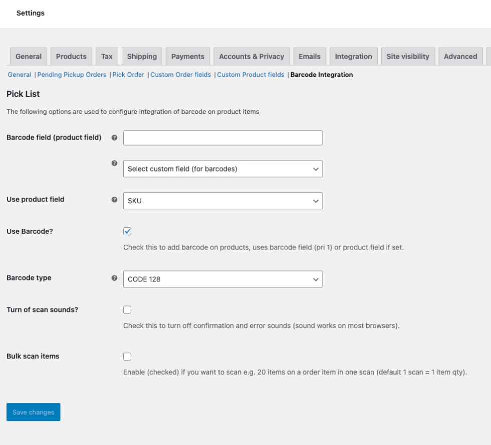 Pick List for WooCommerce - settings - barcode integration