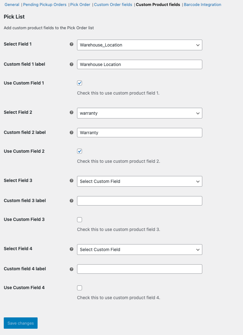 Settings - custom product fields