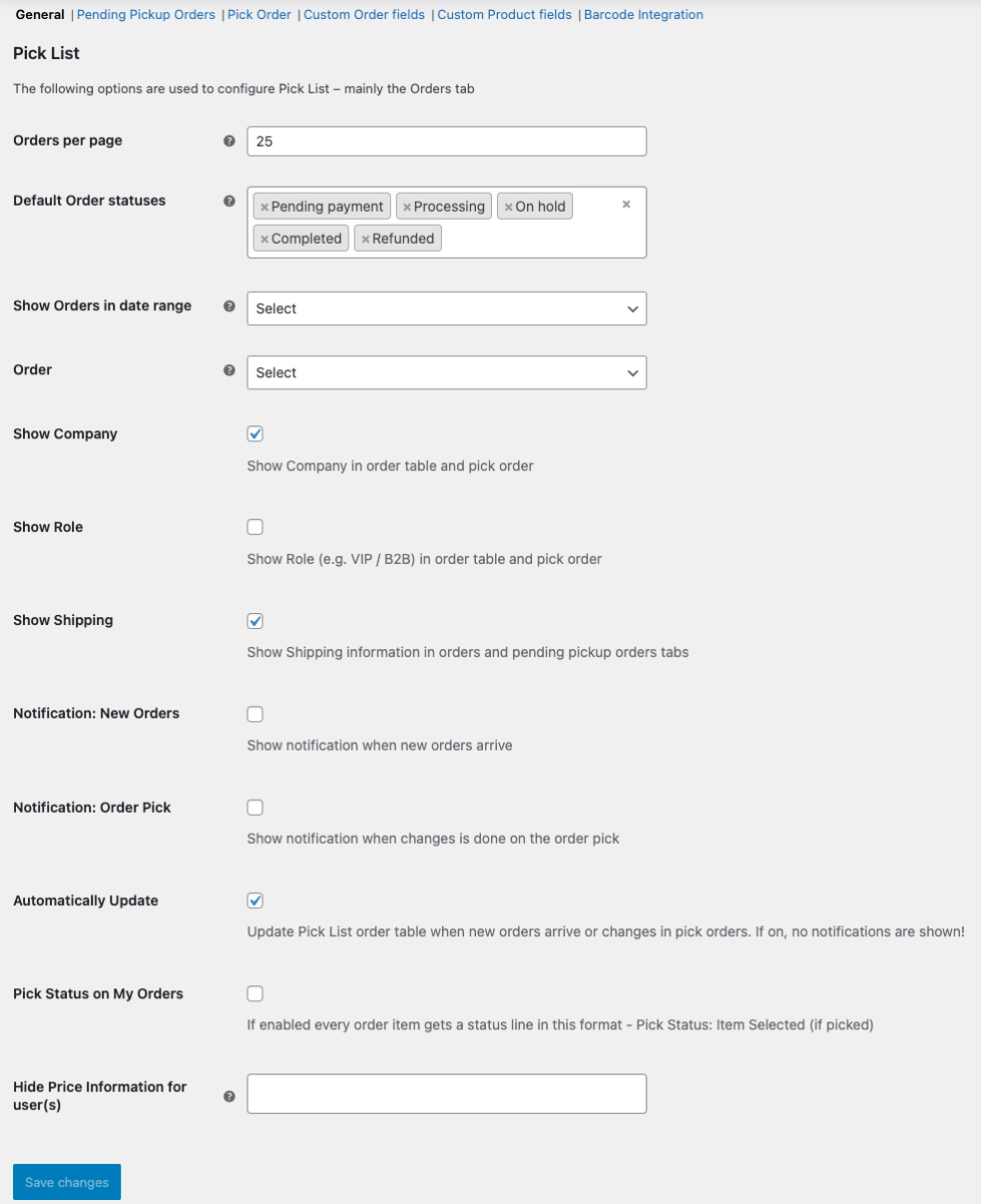 General Settings for Pick List