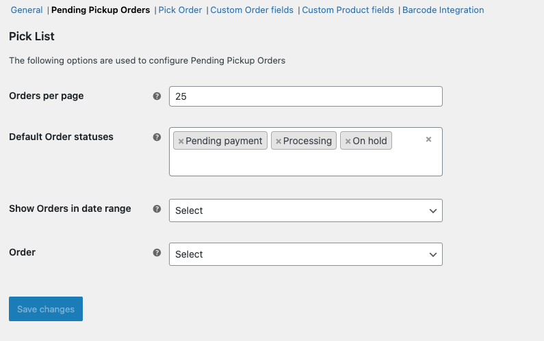 Settings for Pending pickup orders