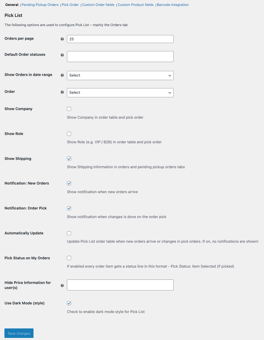 Pick List - general settings