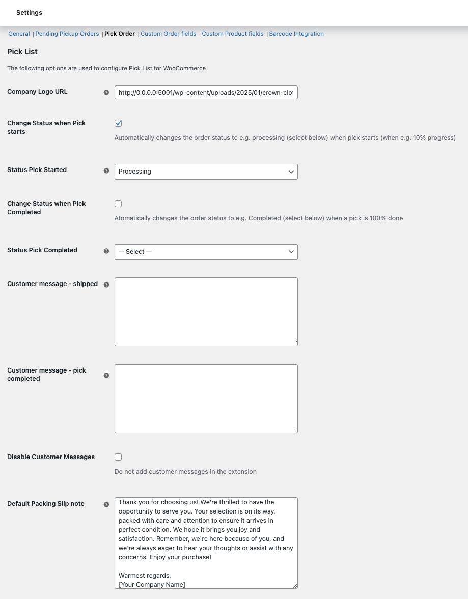 Pick Order tab settings - 1