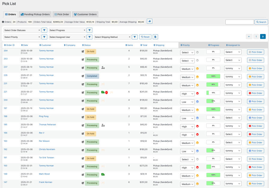 Pick List orders - list
