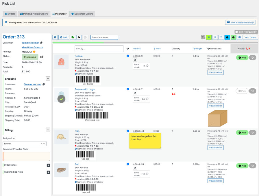 Pick List - pick order