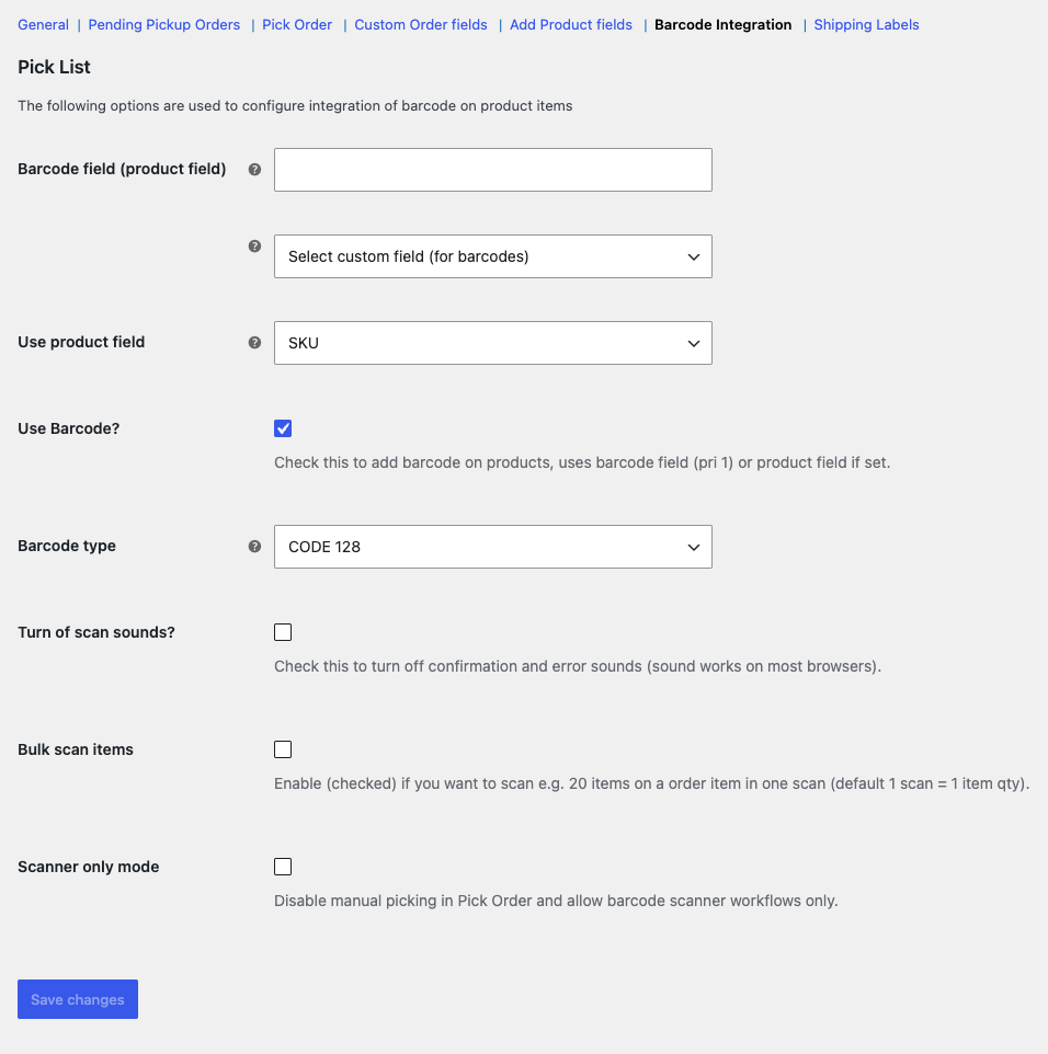 barcode integration settings in Pick List