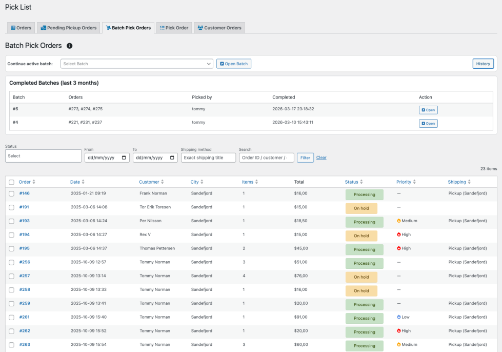 Pick List - batch - select orders