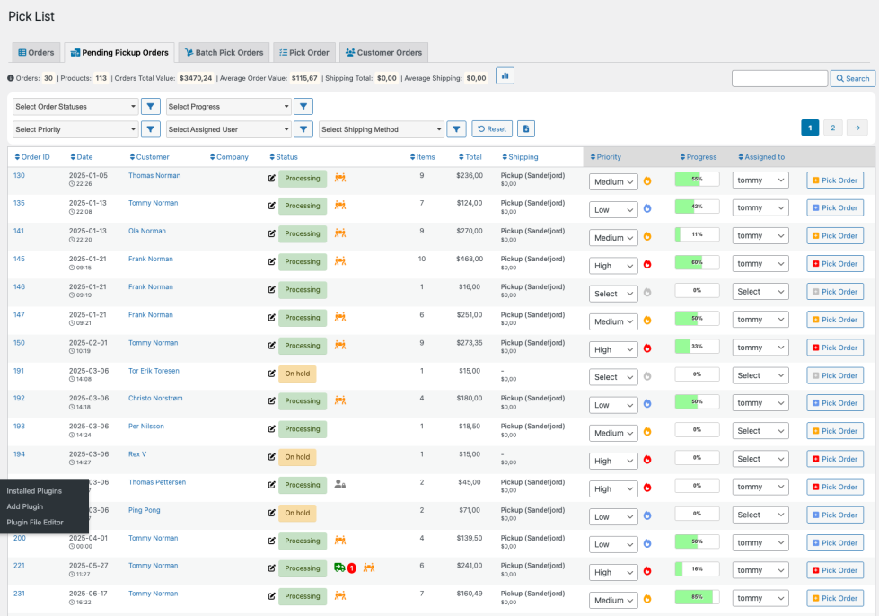 Pick List - pending pickup orders