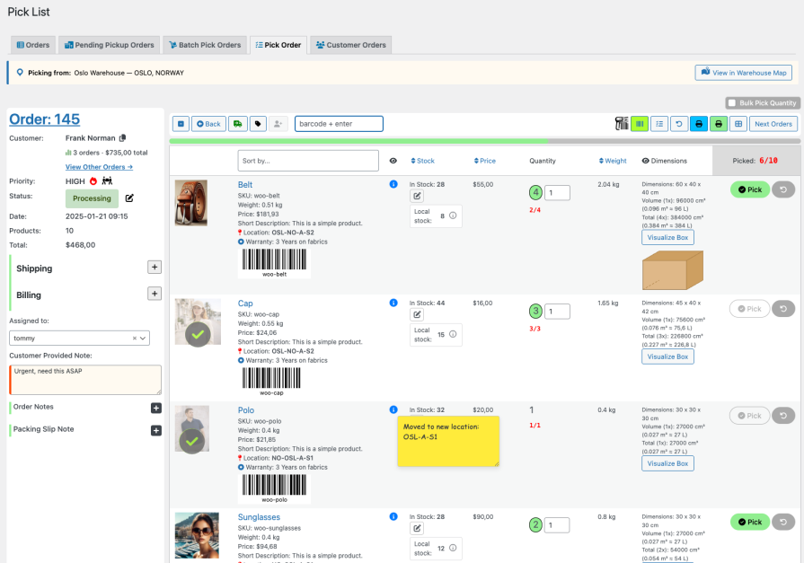 Pick List - pick order