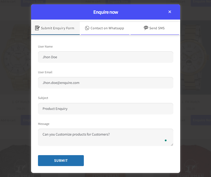 Display Enquiry Form in a pop-up