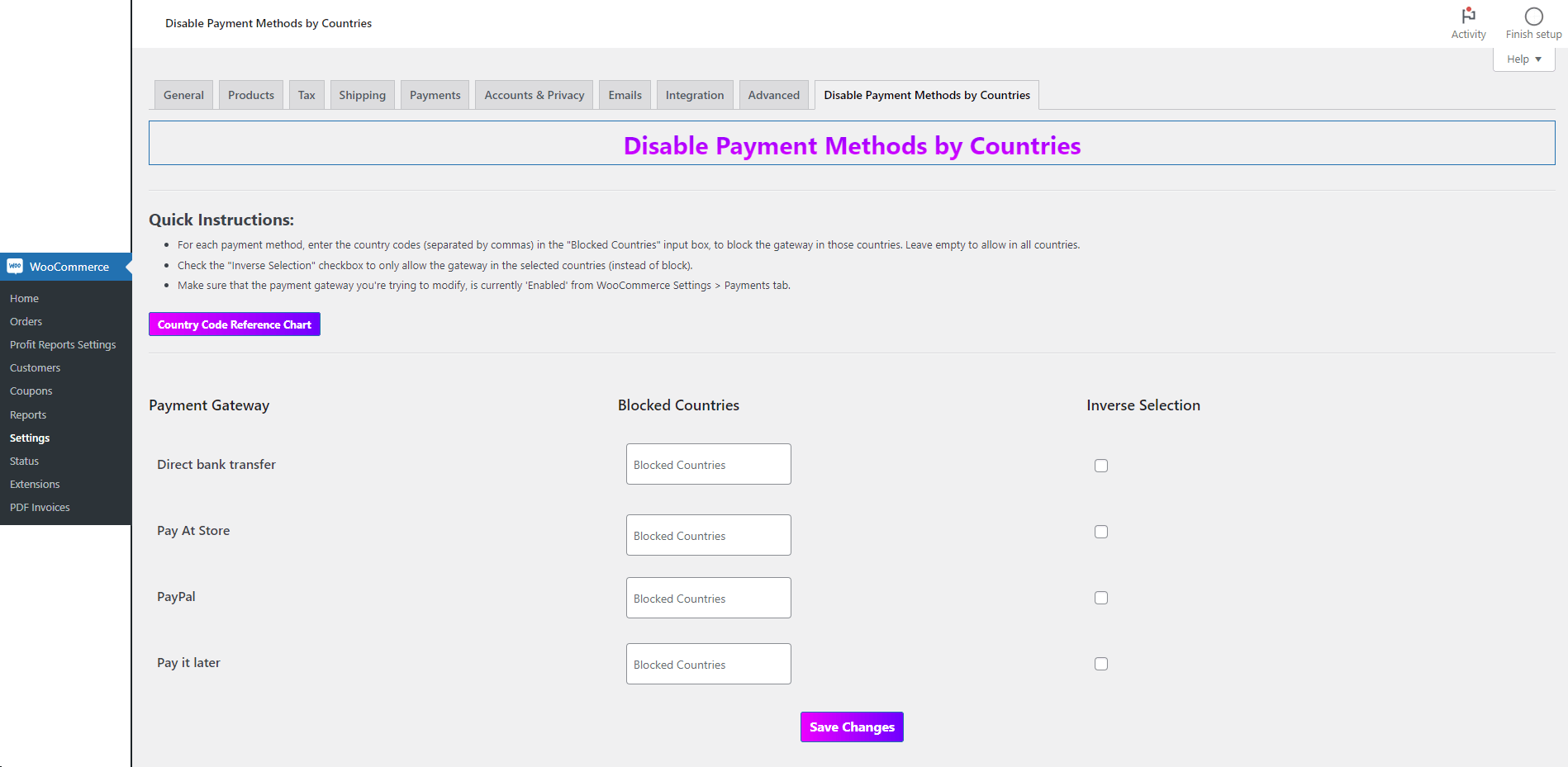 Configuration page of Disable Payment Methods by Countries plugin for WooCommerce
