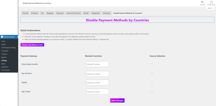 Configuration page of Disable Payment Methods by Countries plugin for WooCommerce