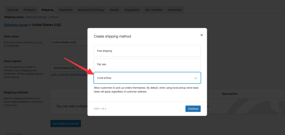 The "Create shipping method" modal with Local pickup selected