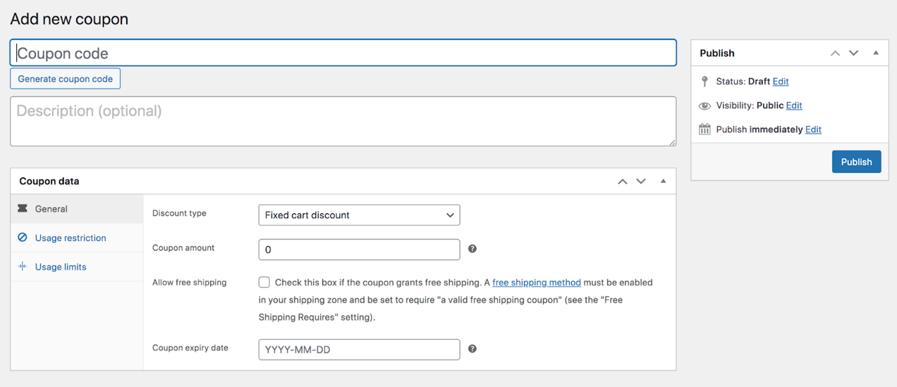 creating a new coupon in WooCommerce