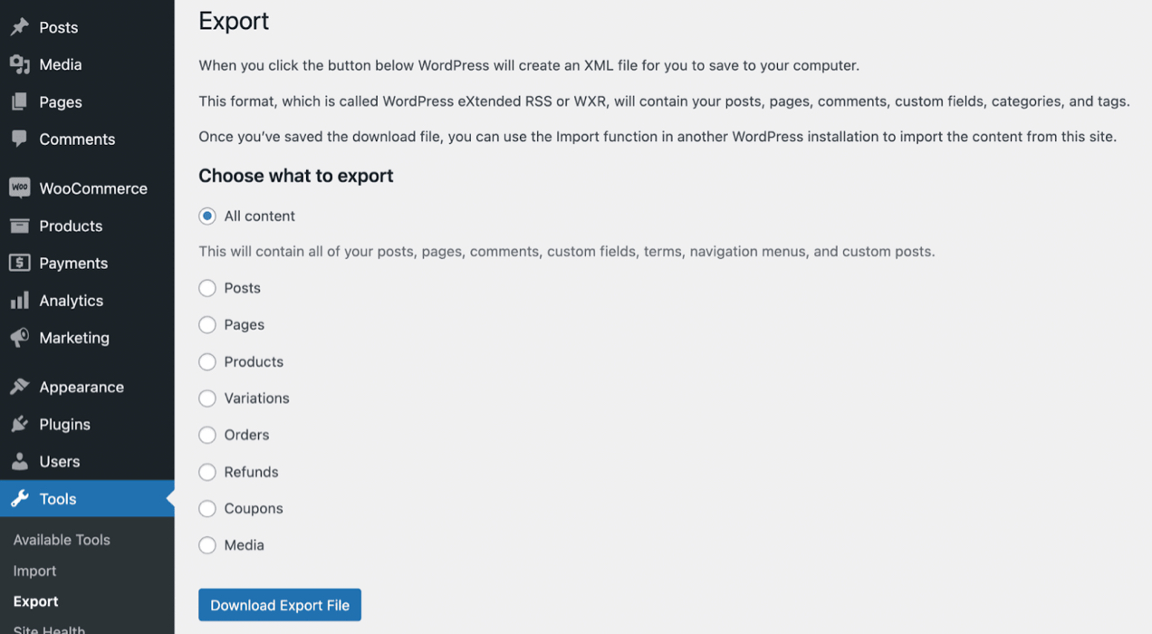 exporting information in WooCommerce