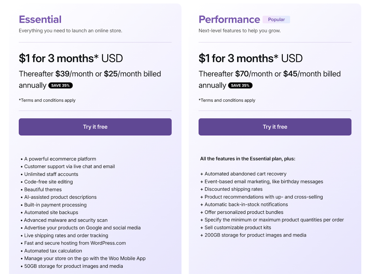 two columns of Woo Express plans