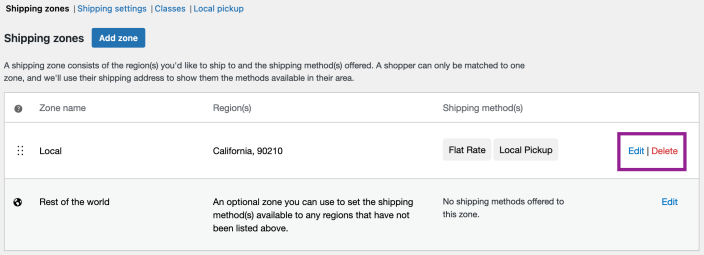 Image showing the "edit" and "delete" options on the right side of the shipping zone list.