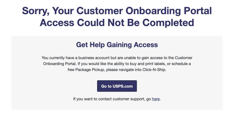 An error encountered when trying to log into the Customer Onaboarding Portal advising that onboarding could not be completed. 