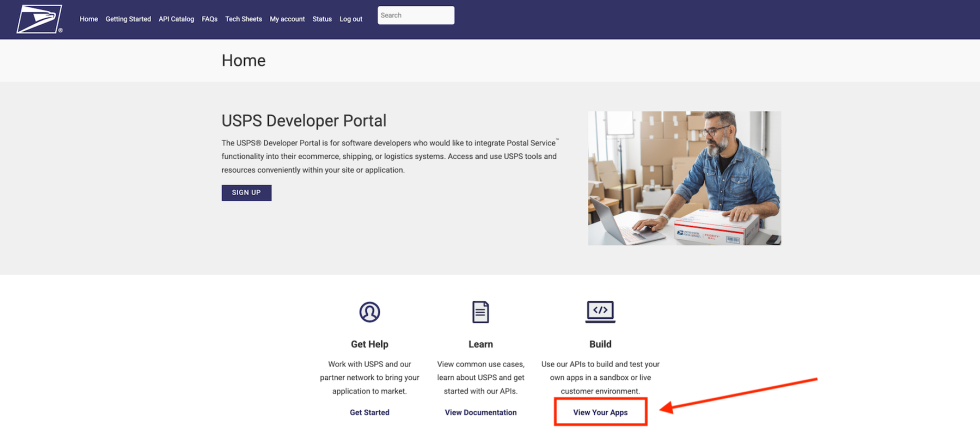 the View Your Apps link is in the "Build" column below the USPS Developer Portal hero section at the top of the screen, seen after logging into the Dev portal.