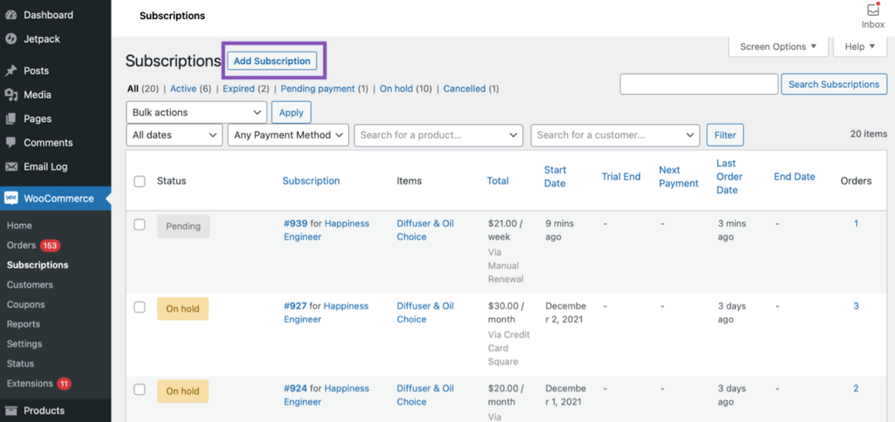 adding a subscription in WooCommerce