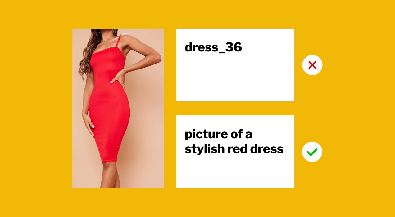 example of good and bad alt text next to a photo of a red dress