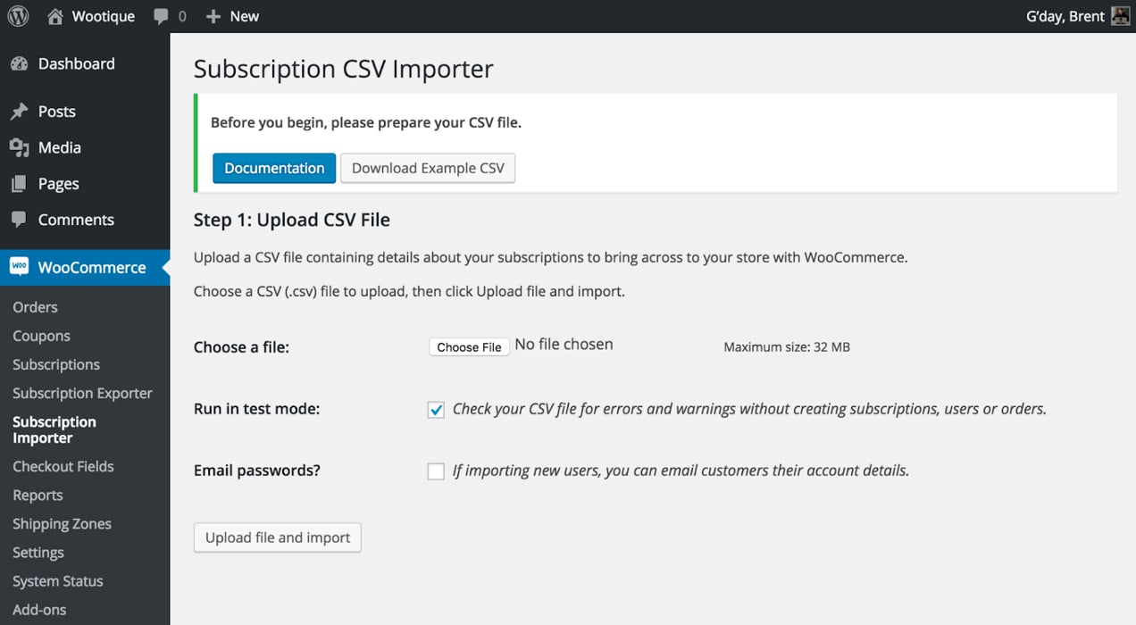 subscription CSV importer in action