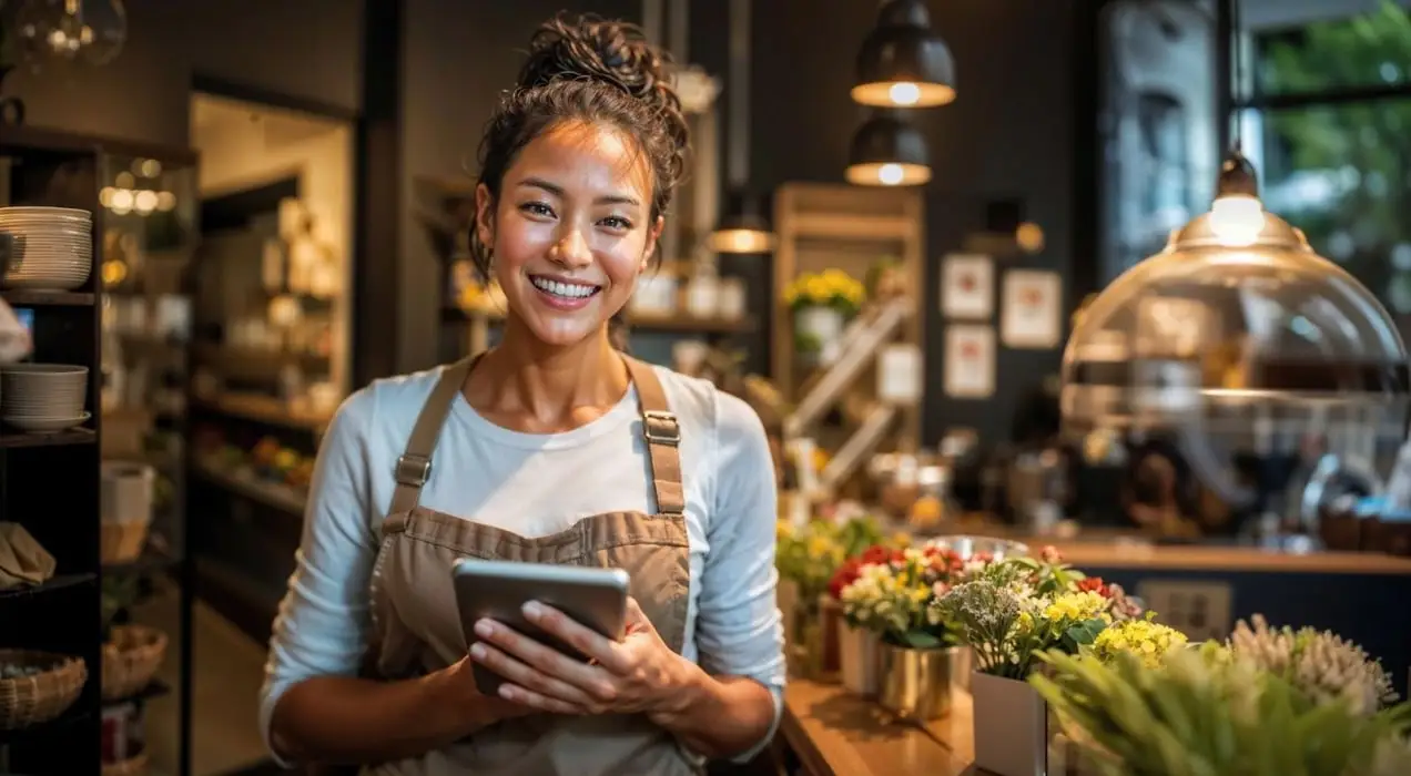 woman using a tablet in a florist shop