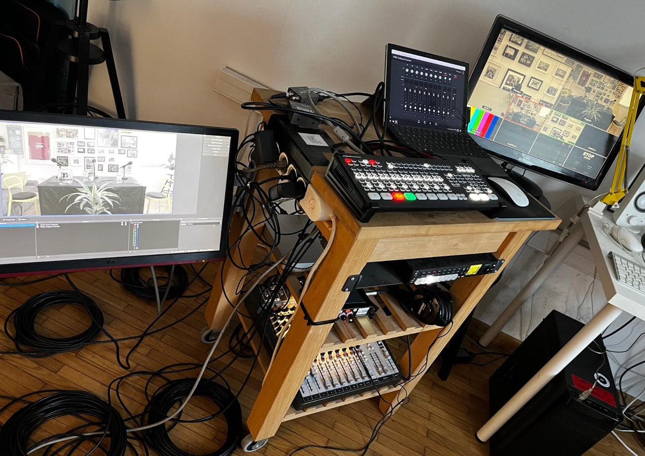 podcast setup with a variety of tools
