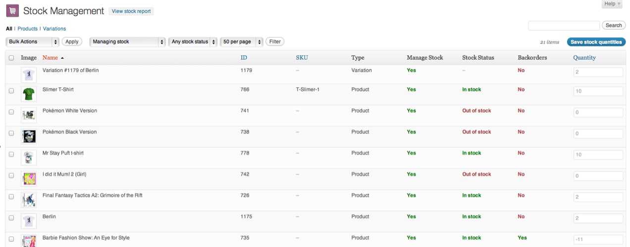 WooCommerce stock management table