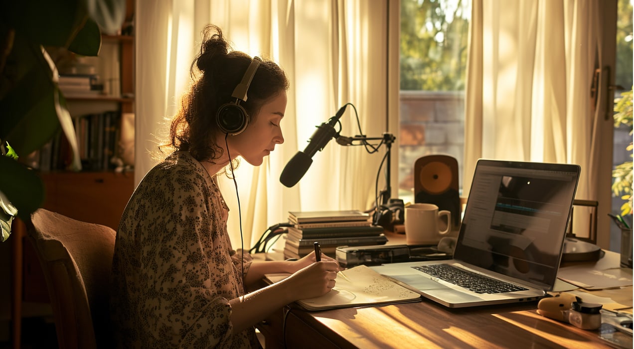 woman recording a podcast on her computer