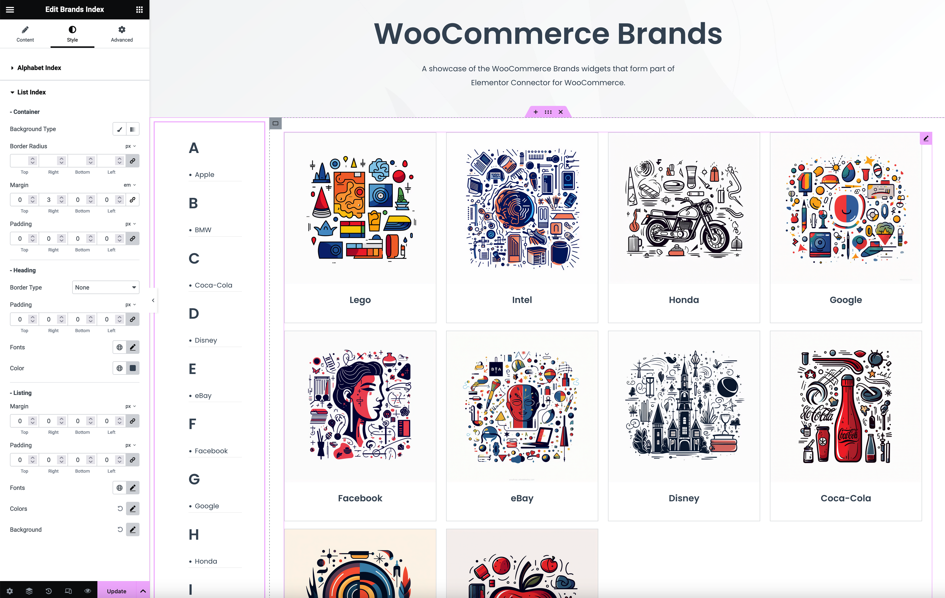 Elementor Connector for WooCommerce Brands - Settings Panel for Brands Index Widget