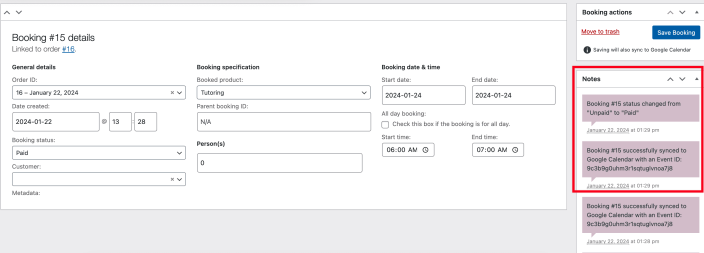 Booking Details - Notes Area