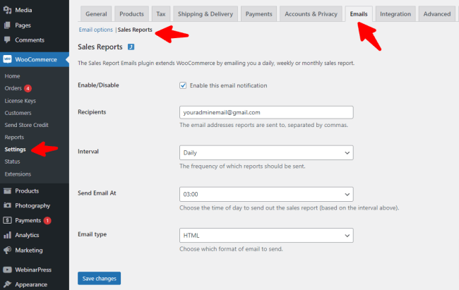 Settings page for the Sales Report emails