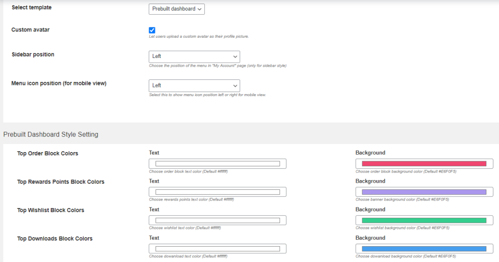 General Settings for Prebuilt Dashboard