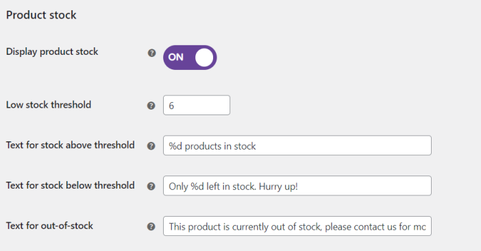 Product stock settings