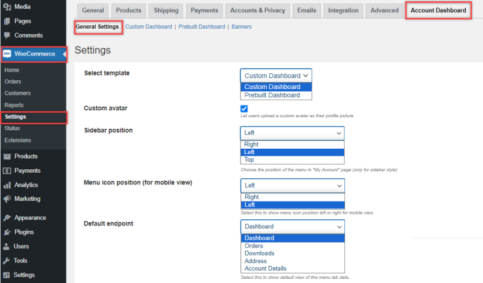 Dashboard Settings