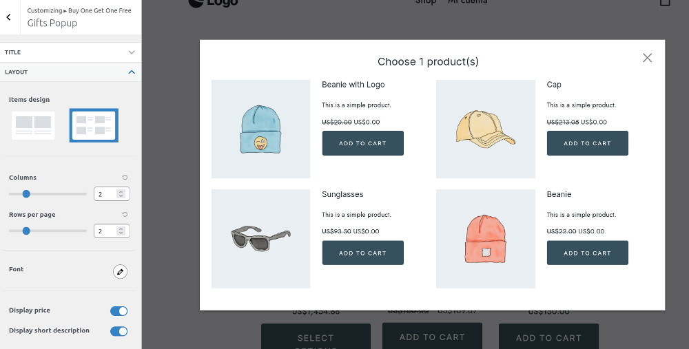 WooCommerce Buy One Ge One Free product - Popup customizer