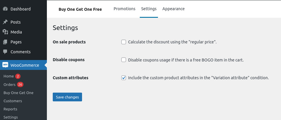 Settings page of the WooCommerce Buy One Get One Free plugin
