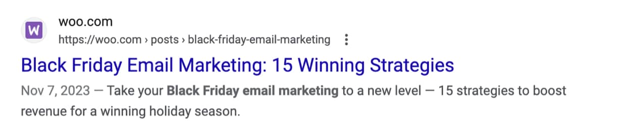 example meta title from Woo: "Black friday email marketing: 15 winning strategies"